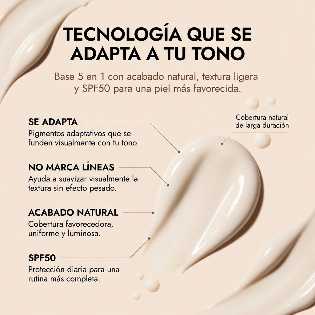 Base Inteligente 5 en 1 con SPF 50 que se Adapta a tu Tono y Perfecciona tu Piel al Instante