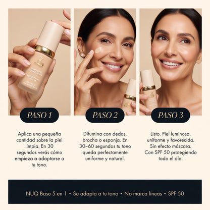 Base Inteligente 5 en 1 con SPF 50 que se Adapta a tu Tono y Perfecciona tu Piel al Instante