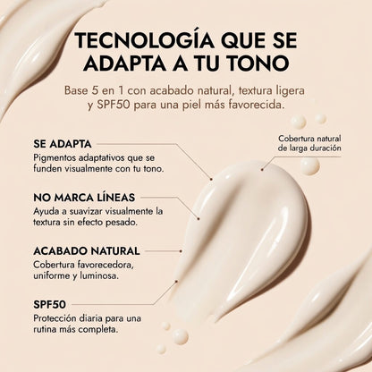 Base Inteligente 5 en 1 con SPF 50 que se Adapta a tu Tono y Perfecciona tu Piel al Instante