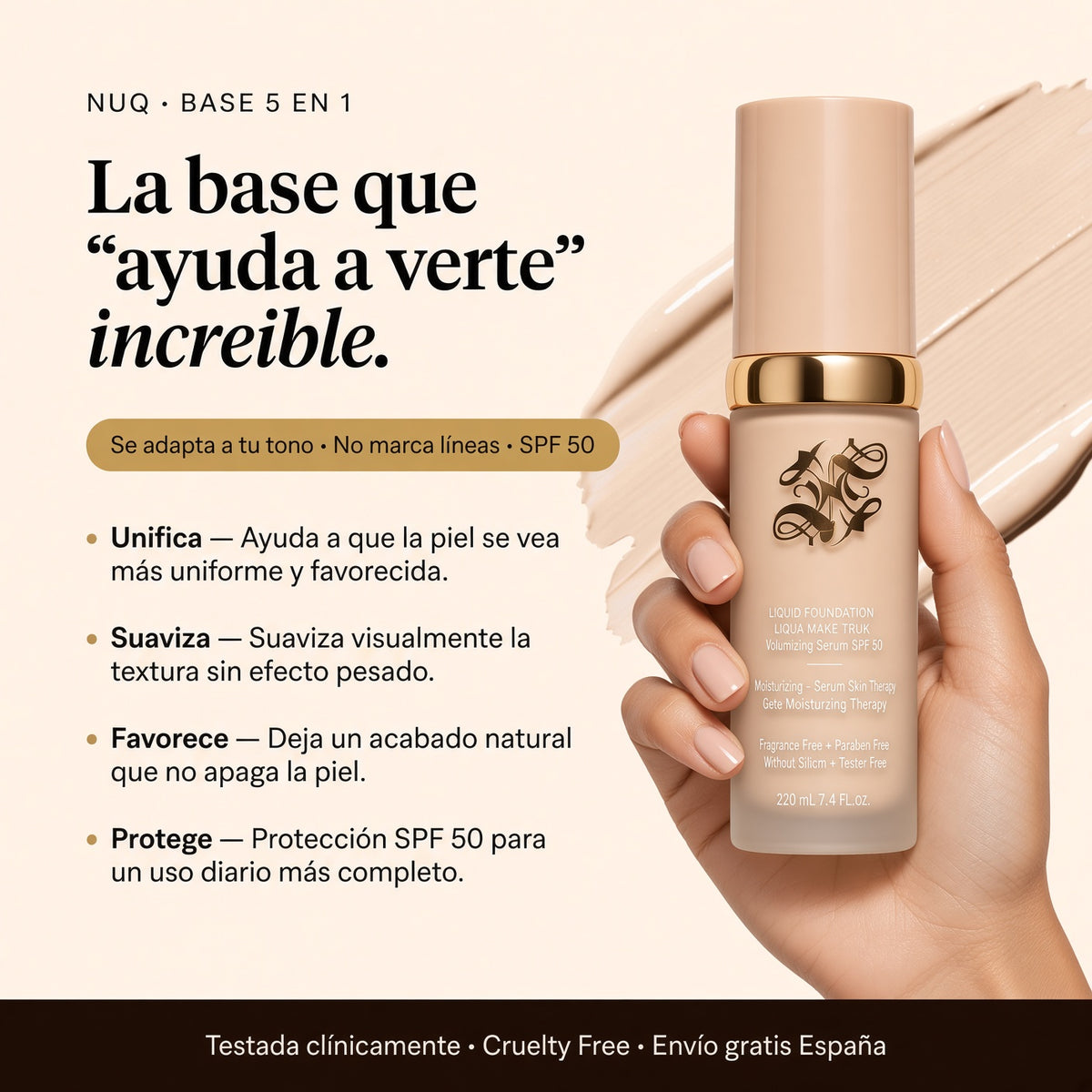 Base Inteligente 5 en 1 con SPF 50 que se Adapta a tu Tono y Perfecciona tu Piel al Instante